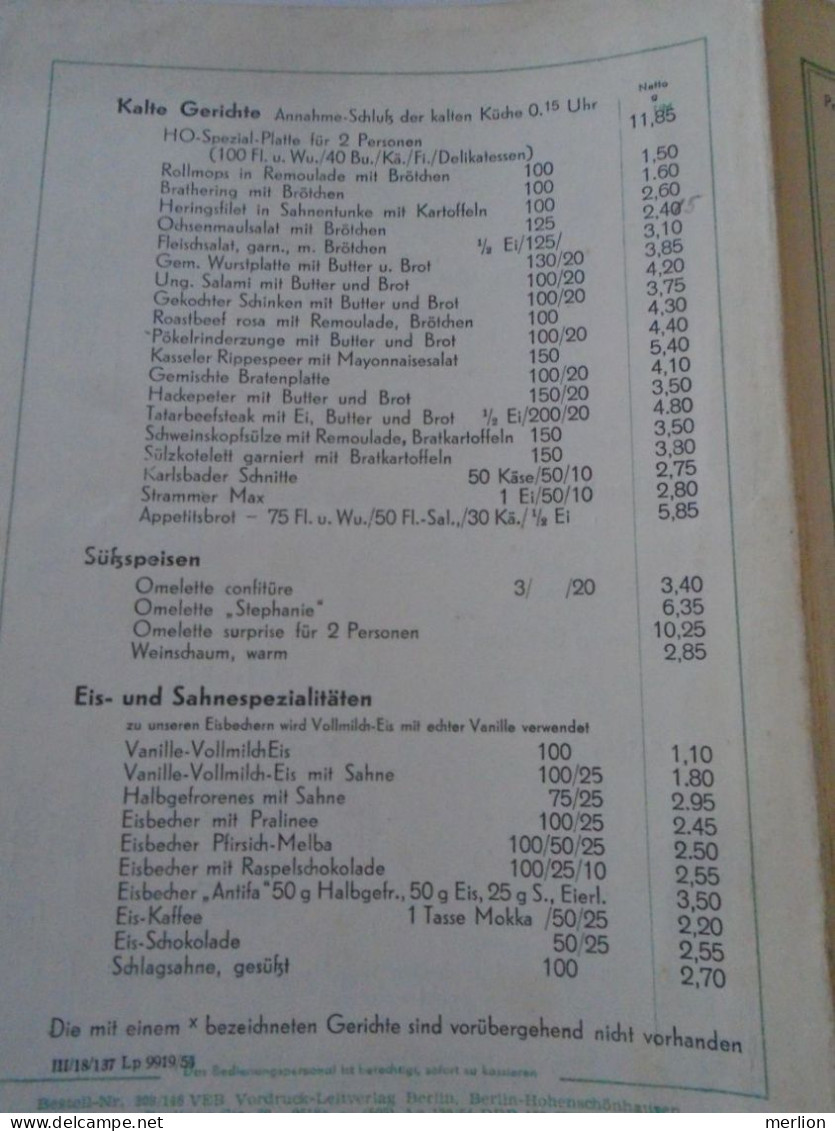 D202245 Menu Speisenkarte  Und Tageskarte  HO Gaststätte Haus ANTIFA   LEIPZIG  -DDR Germany   1954 - Menükarten