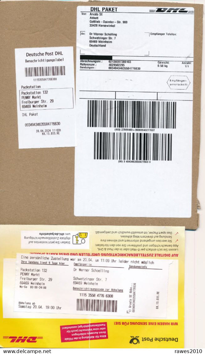 BRD / Bund Harsewinkel DHL Paket Label + Benachrichtigungslabel + Benachrichtigungskarte 2024 Abbott Medizintechnik Phar - Storia Postale