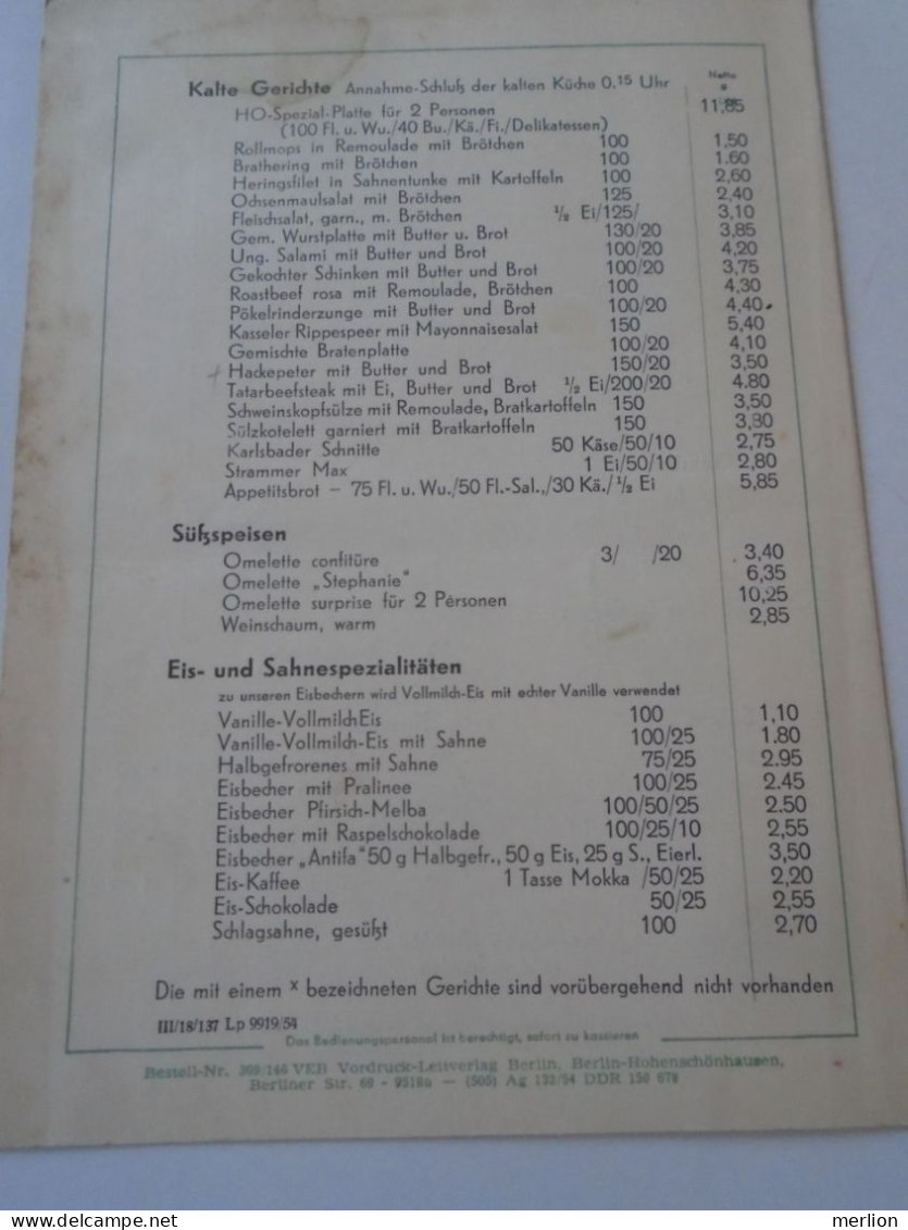 D202246 Menu Speisenkarte    HO Gaststätte Haus ANTIFA   LEIPZIG  -DDR Germany   1954 - Menus