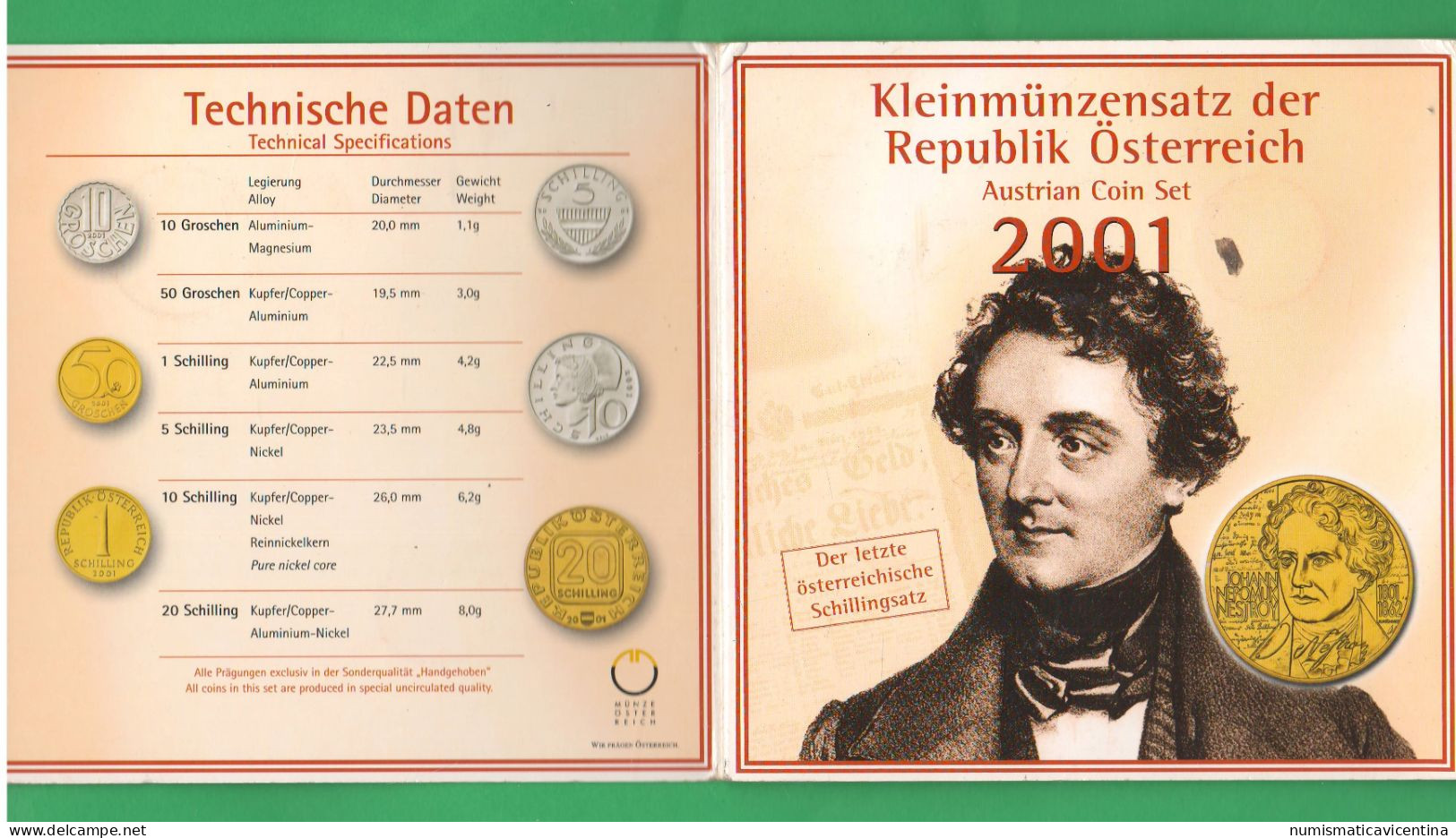 Österreich 2001 Set Coin Austria Ultima Serie In Scellini Schilling-Münzen Johann Nestroy  2001 - Austria