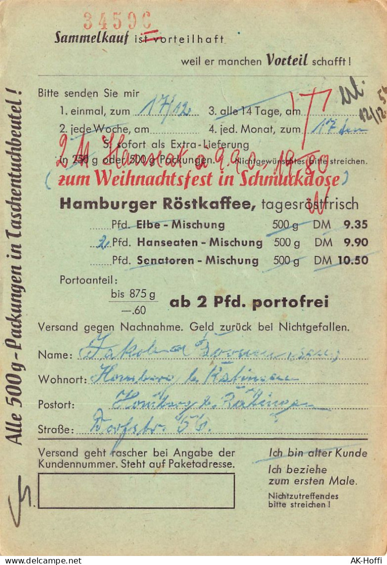 DRUCKSACHE - Bestellkarte, Hamburger Kaffee Gelaufen 1956 - Storia Postale