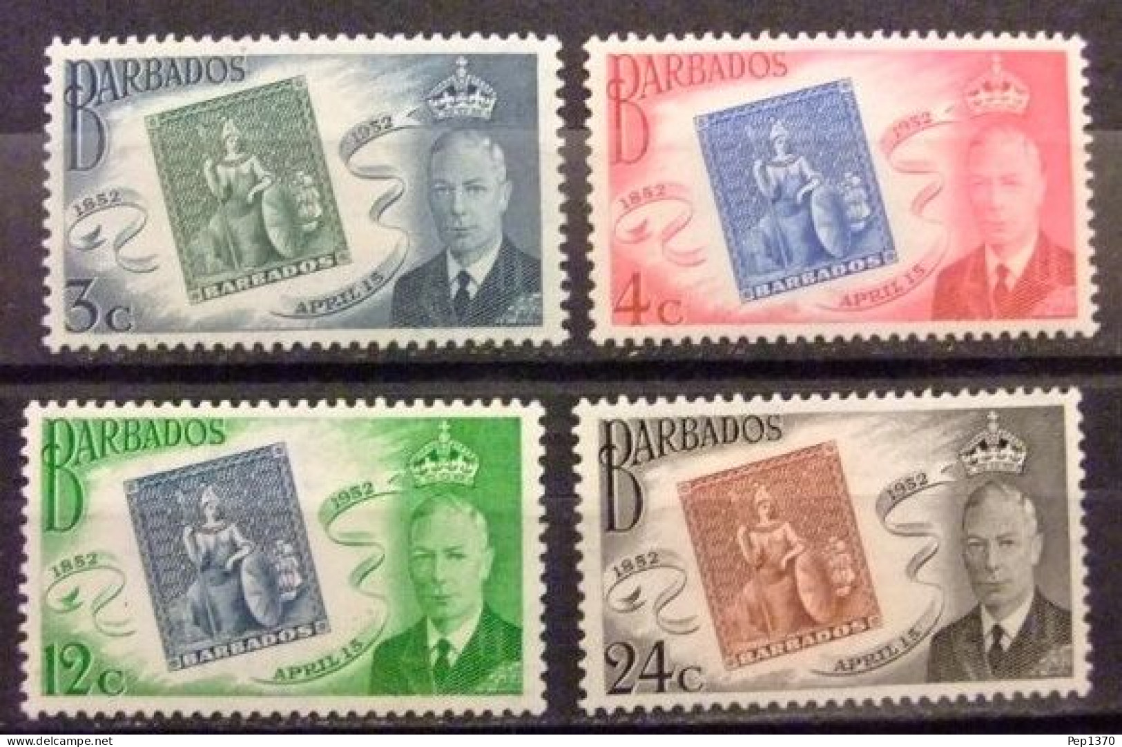 BARBADOS 1952 - CENTENARIO DEL PRIMER SELLO - YVERT 208/211** - Briefmarken Auf Briefmarken