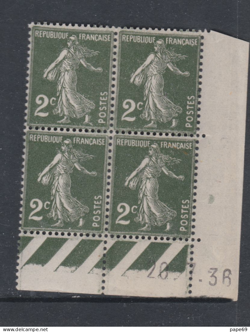 France N° 278 XX Type Semeuse : 2 C. Vert Foncé En Bloc De 4 Coin Daté Du  26 . 7 . 38 ; Sans Pt Blanc, Ss Charnière, TB - 1930-1939