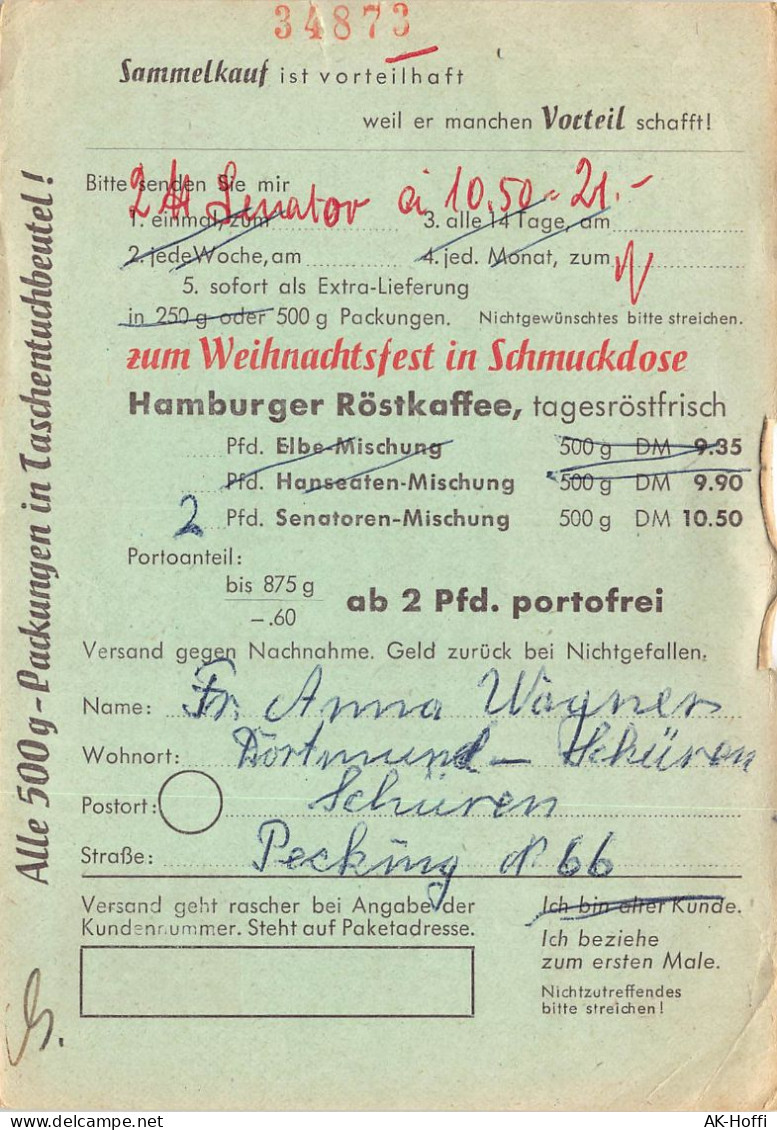 DRUCKSACHE - Bestellkarte, Hamburger Kaffee Gelaufen 1956 - Storia Postale