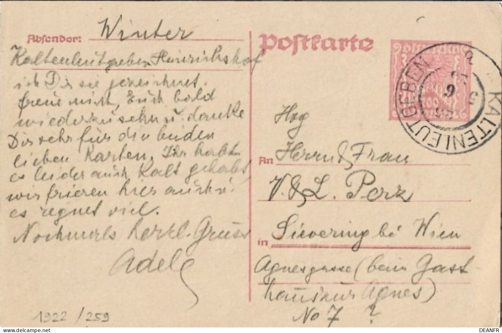 A - AUTRICHE : Entier Postal P 259 . Oblitération : Kaltenleutgeben De 1923 : Voir Le Scan Du Verso.Au - Cartas & Documentos