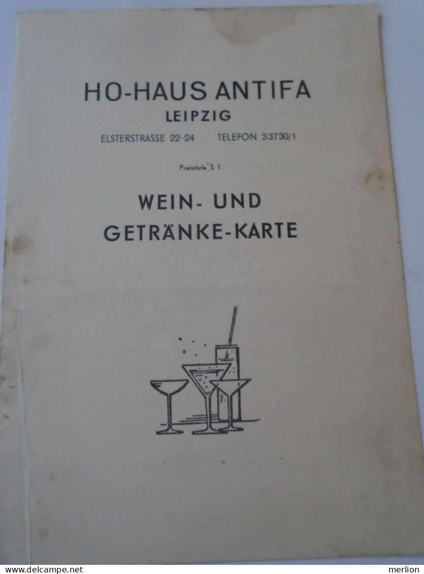 D202247  Wein Und Getränke Karte    HO  Haus ANTIFA   LEIPZIG  -DDR Germany   1954 - Menú