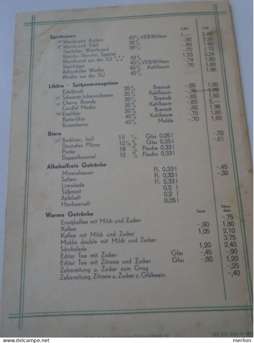 D202247  Wein Und Getränke Karte    HO  Haus ANTIFA   LEIPZIG  -DDR Germany   1954 - Menus