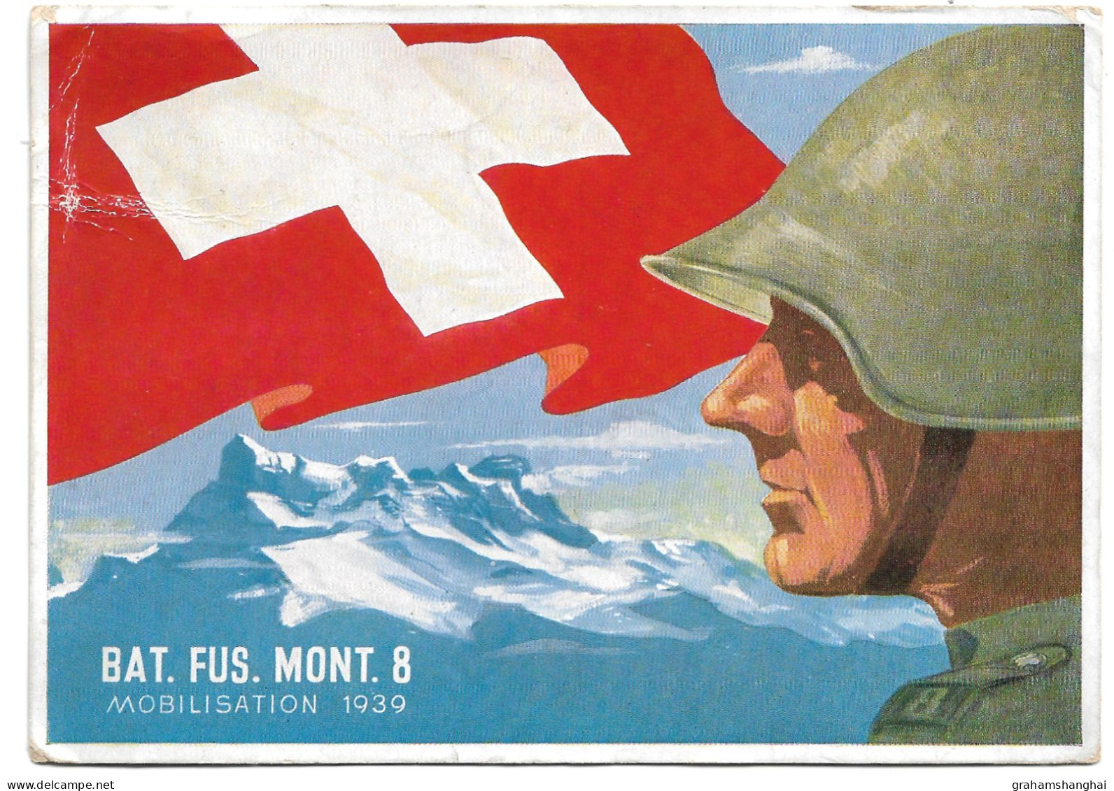 Postcard Swiss Army Bat Fus Mont 8 Mobilisation 1939 Soldier Flag Posted Censored Stamp Design - Regimenten