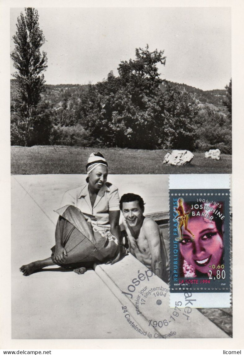 Carte Maxi  1994 Premier Jour JOSEPHINE BAKER Et JO BOUILLON Avec Dedicace Au Verso - 1990-1999