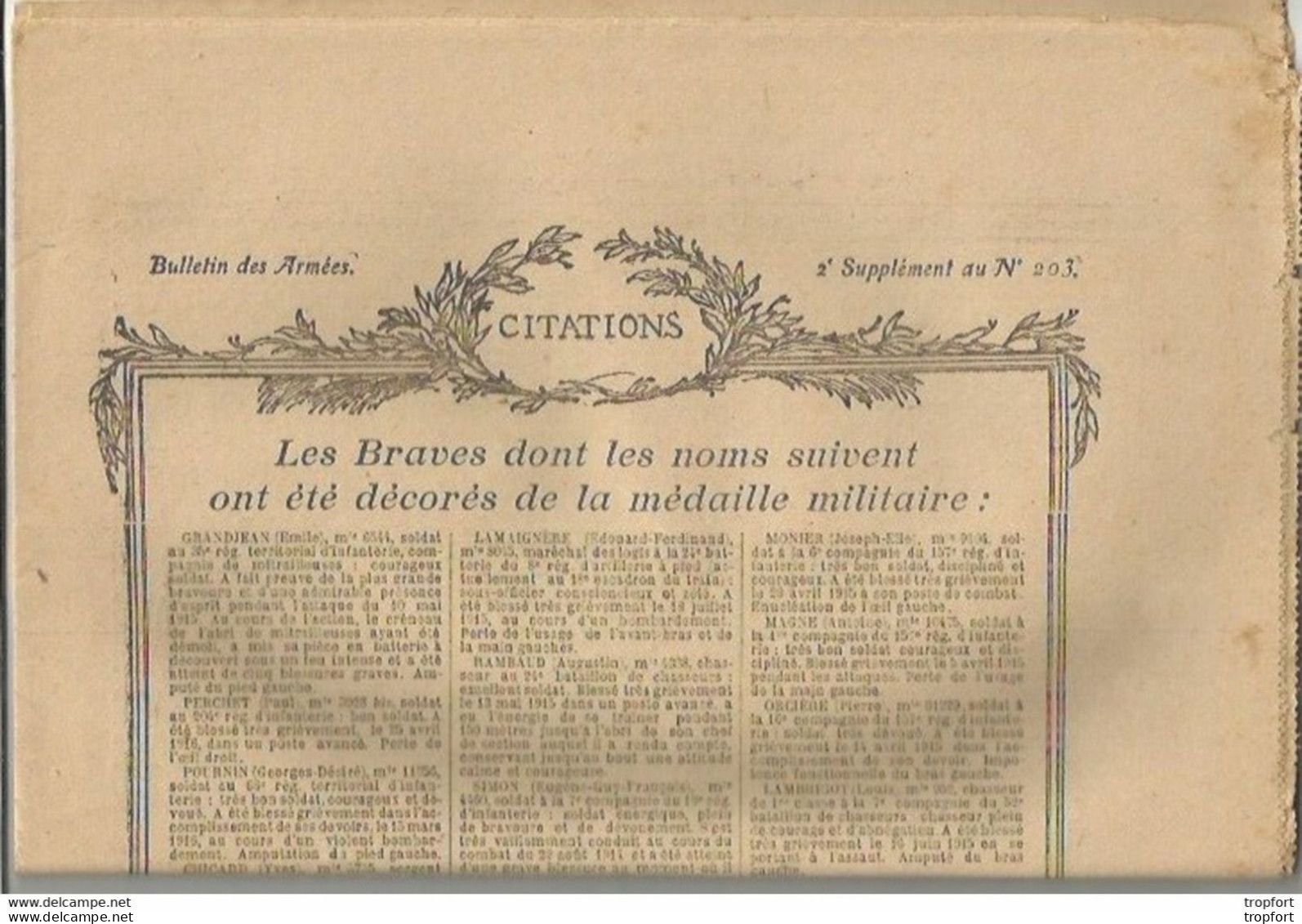 TH / Rare Journal BULLETIN DES ARMEES CITATIONS N°203 WW1 16 Pages MILITAIRES Citation 1914 1918 Guerre Bléssés - Allgemeine Literatur
