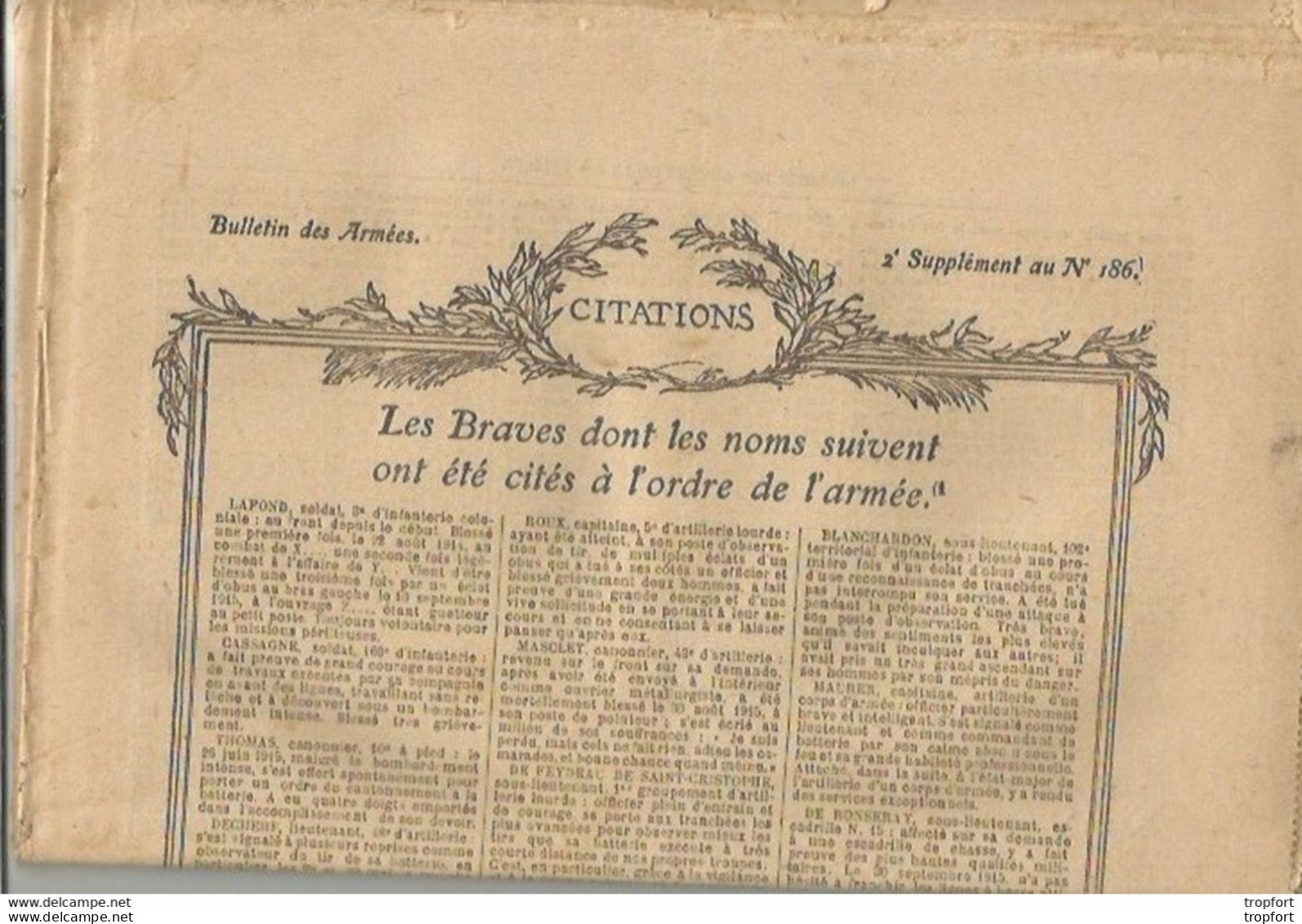 TH / Rare Journal BULLETIN DES ARMEES CITATIONS N°186 WW1 16 Pages MILITAIRES Citation 1914 1918 Guerre Bléssés - General Issues