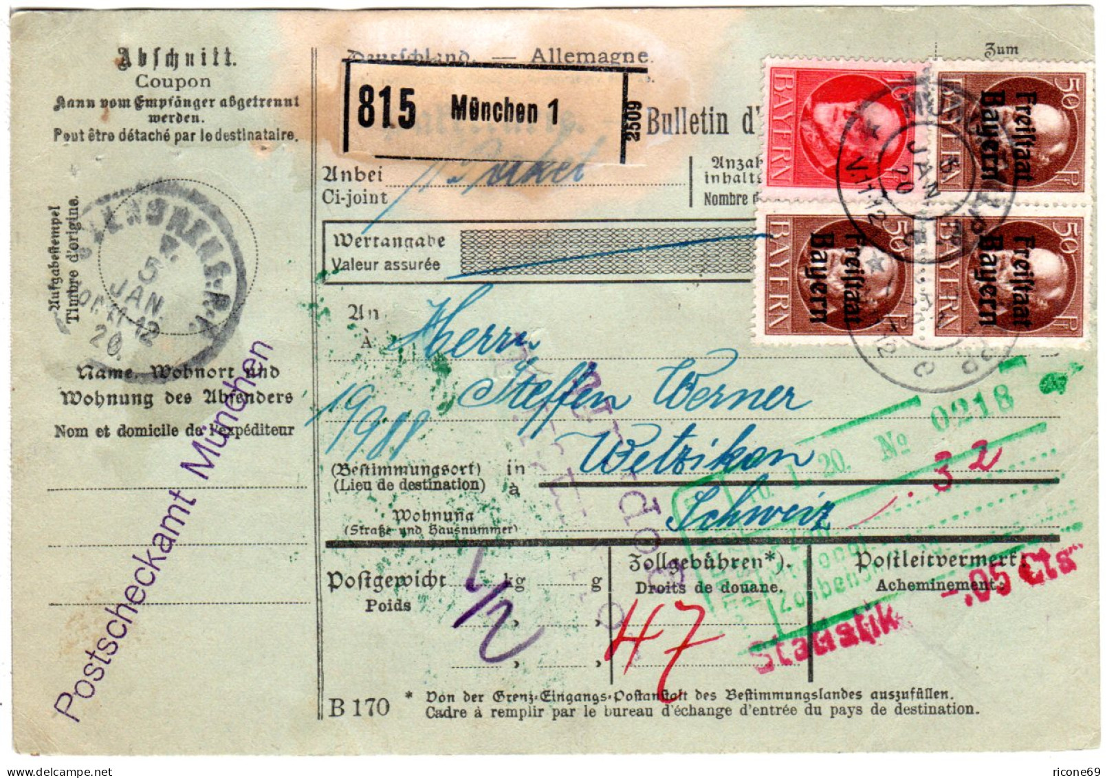 Bayern 1920, 10+3x50 Pf. Auf Postscheckamt Paketkarte V. München I.d. Schweiz - Covers & Documents