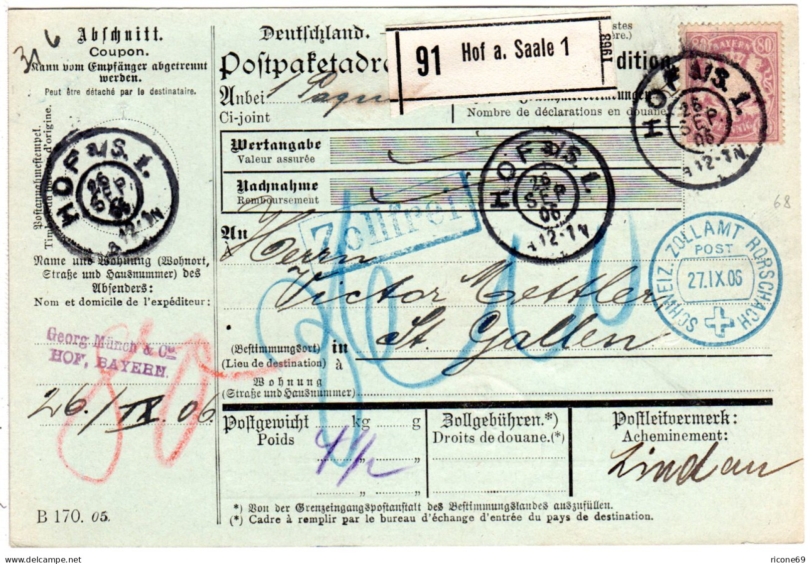 Bayern 1906, EF 80 Pf. Auf Paketkarte V. Hof I.d. Schweiz - Brieven En Documenten