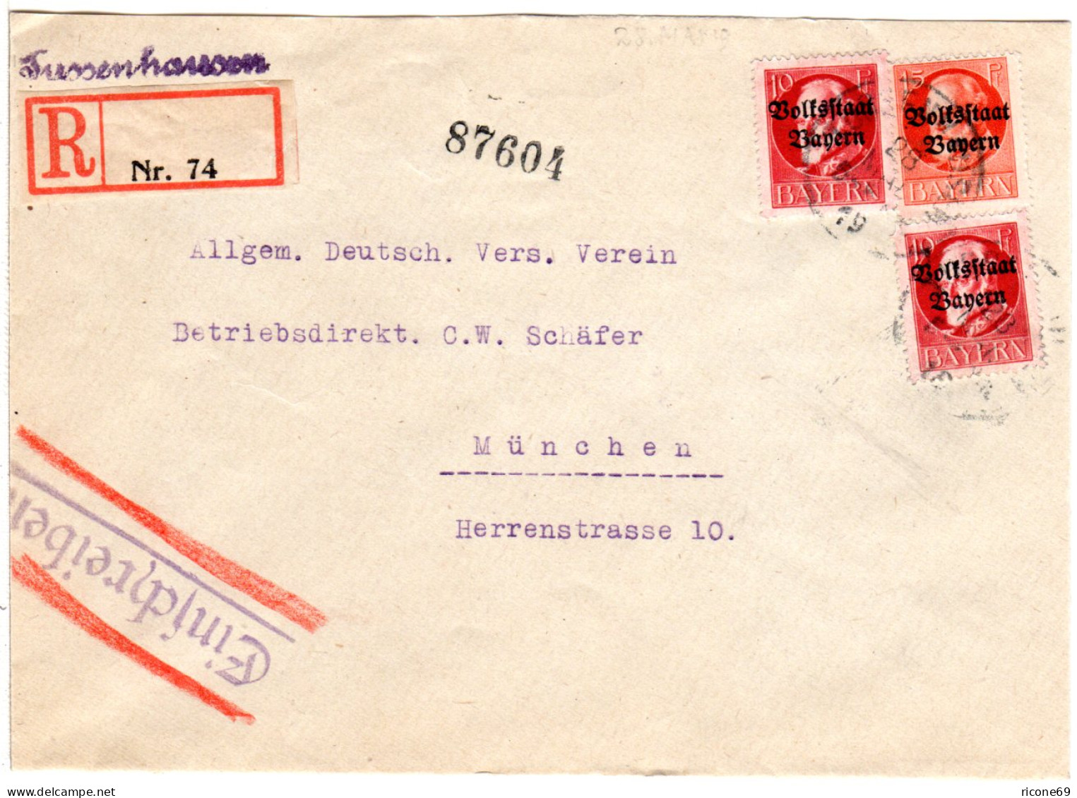 Bayern 1919, 15+2x10 Pf. Auf Brief M. Provisorischem Reko-Zettel V. TUSSENHAUSEN - Lettres & Documents