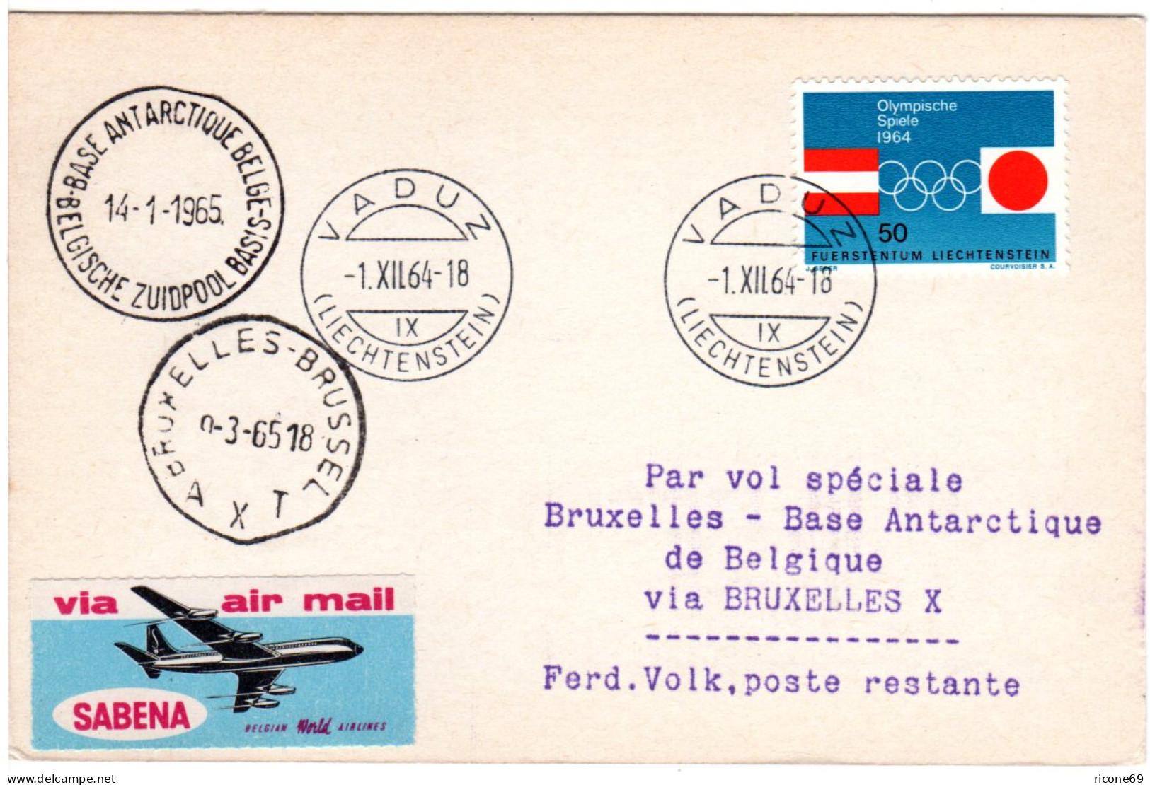 Sabena Polarflug Brüssel - Base Antarctique 1964,  Zuleitung V. Liechtenstein! - Brieven En Documenten