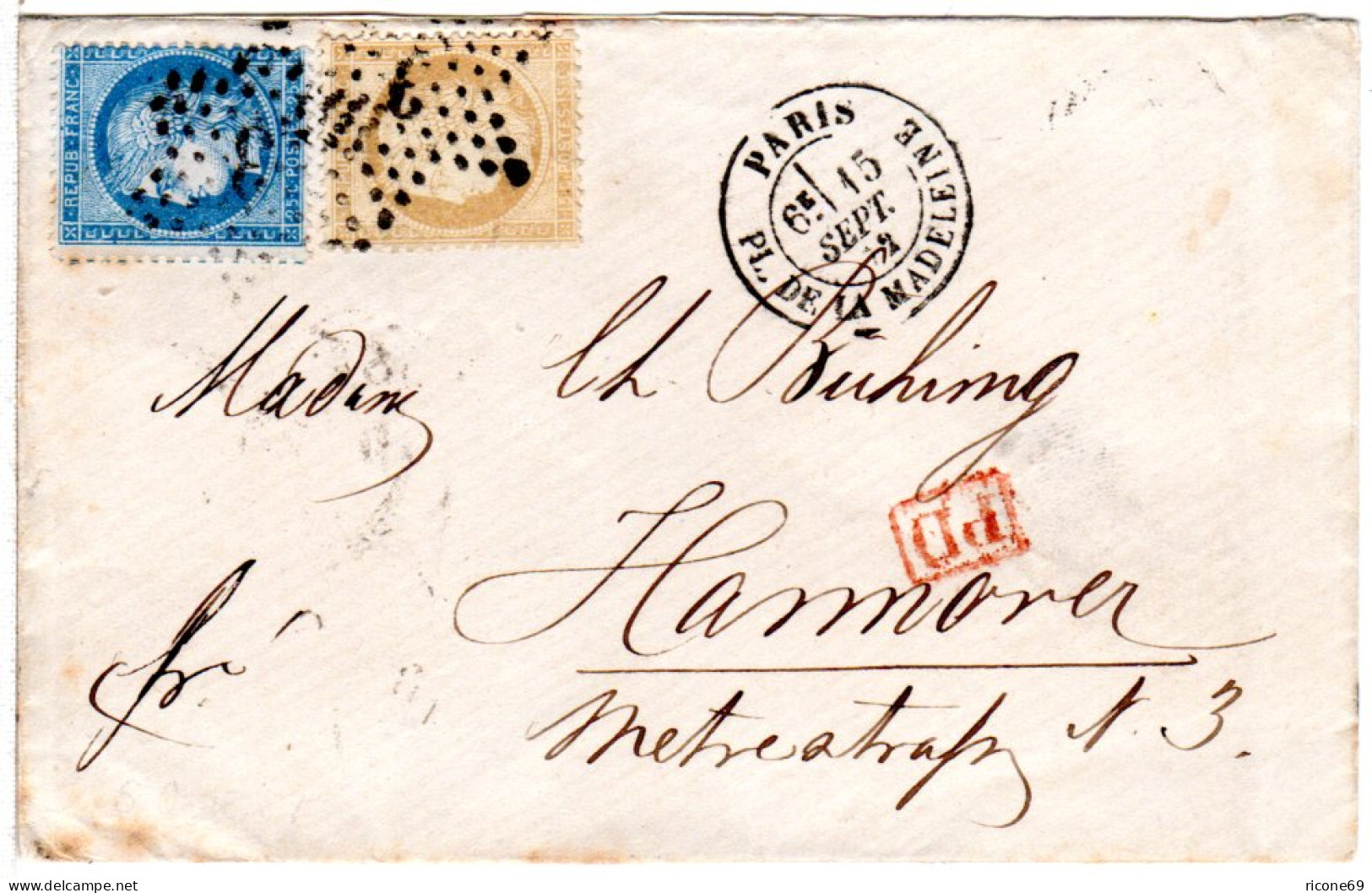 Frankreich 1872, 15+25 C. Auf Schönem Brief V. Paris N. Hannover - Autres & Non Classés