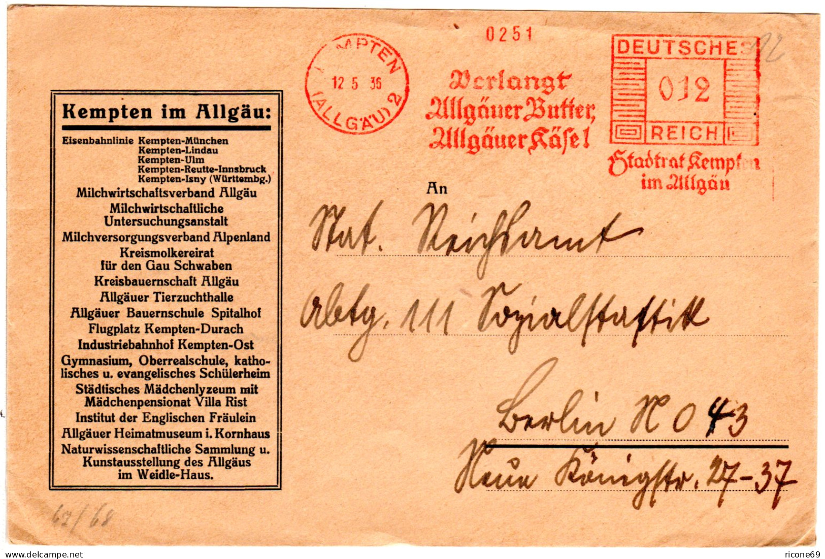DR 1936, Brief M. Werbe Freistpl. V. Kempten Verlangt Allgäuer Butter, Käse  - Storia Postale