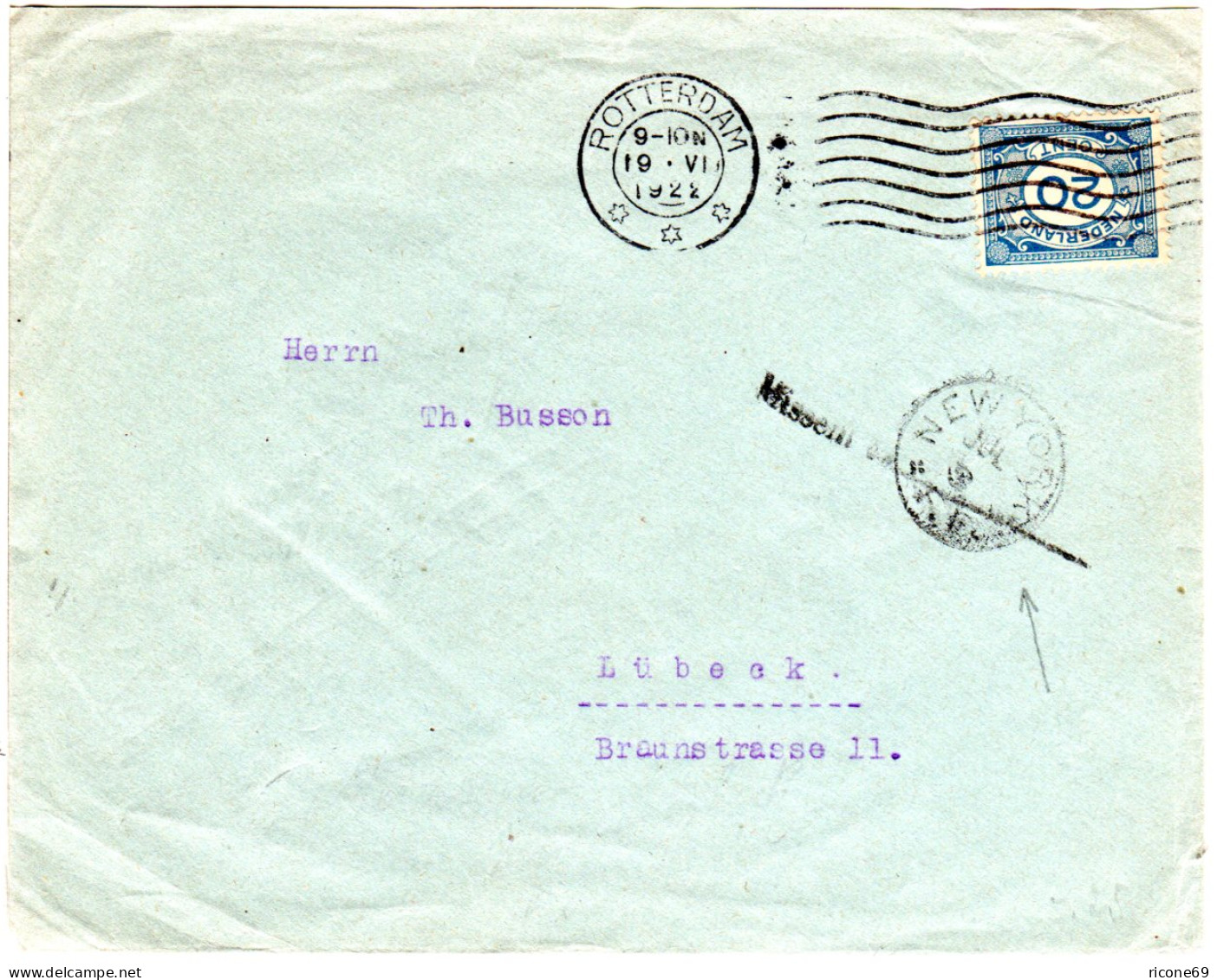 NL 1922, 20 C. Auf Brief V. Rotterdam N. Lübeck M. USA Missent To ...NEW YORK - Altri & Non Classificati