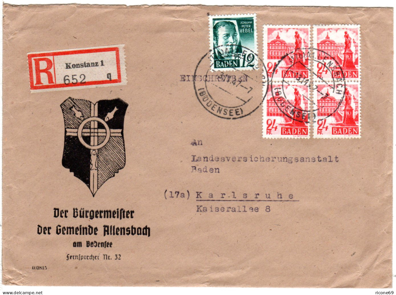 Franz. Zone 1947, 5 Marken Auf R-Brief V. Allensbach M. Konstanz Reko-Zettel - Sonstige & Ohne Zuordnung