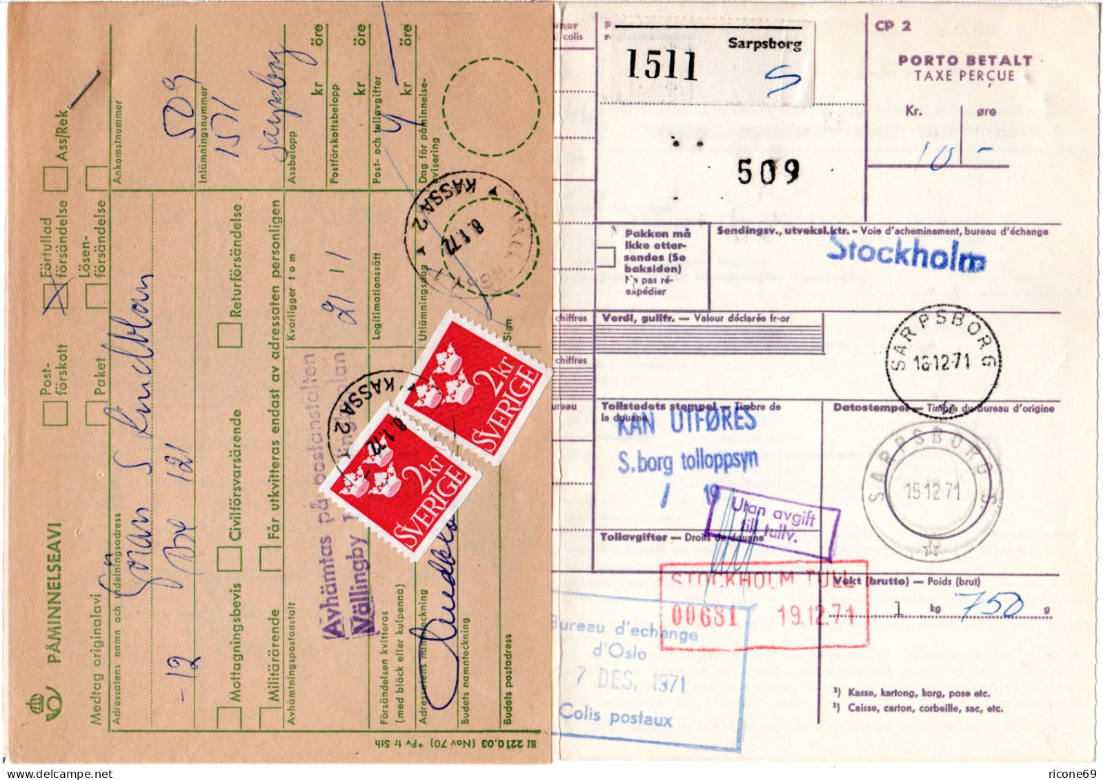 Norwegen 1971, Paketkarte V. Sarpsborg M. Schweden Lösen Nachporto - Cartas & Documentos