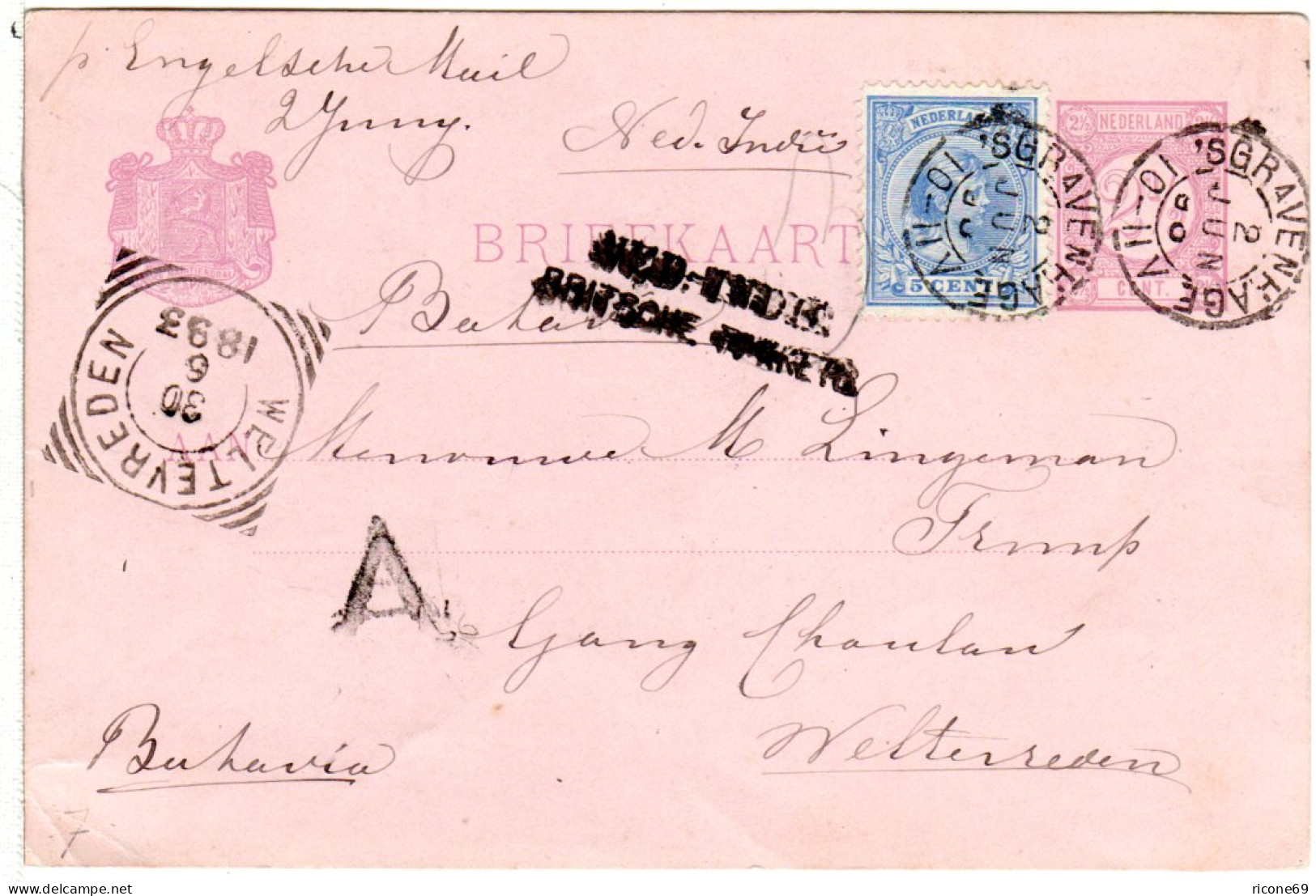NL 1893, 5 C. Zusatzfr. Auf 2 1/2 C. Ganzsache V. S'Gravenhage N. NL-Indien - Altri & Non Classificati
