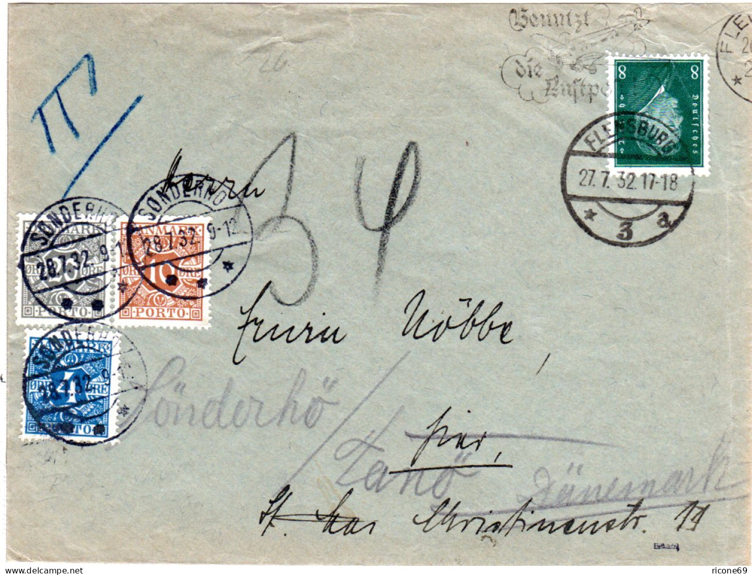 DR 1932, 8 Pf. Auf Brief V. Flensburg N. Sönderhö M. 3 Dänemark Portomarken - Cartas & Documentos