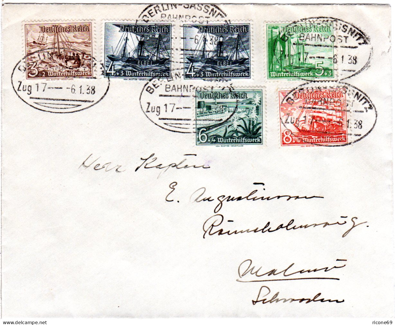 DR 1938, 6 Werte WHW Auf Brief N. Schweden M. Bahnpoststpl Berlin-Sassnitz Z17 - Lettres & Documents