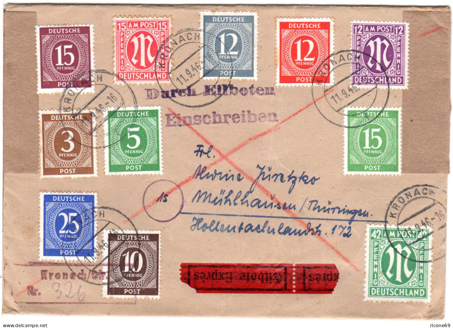 1946, 11 Marken Auf Einschreiben-Eilboten Brief V. Kronach N. Thüringen - Storia Postale