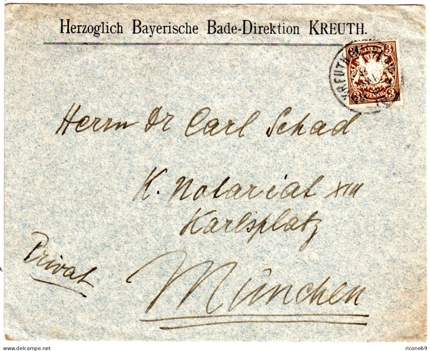 Bayern 1910, EF 3 Pf. Auf Umschlag D. Herzogl. Bayer. Bade-Direktion Kreuth - Cartas & Documentos