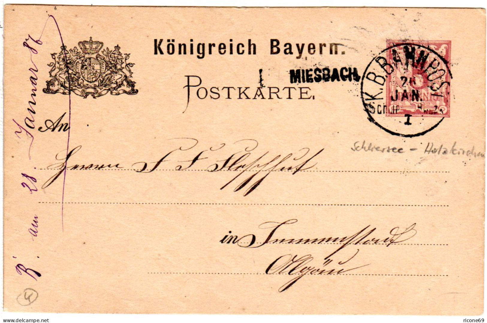 Bayern 1887, MIESBACH Stations-L1 Auf Ganzsache M. Bahnpost Schliers.-Holzk. I - Lettres & Documents