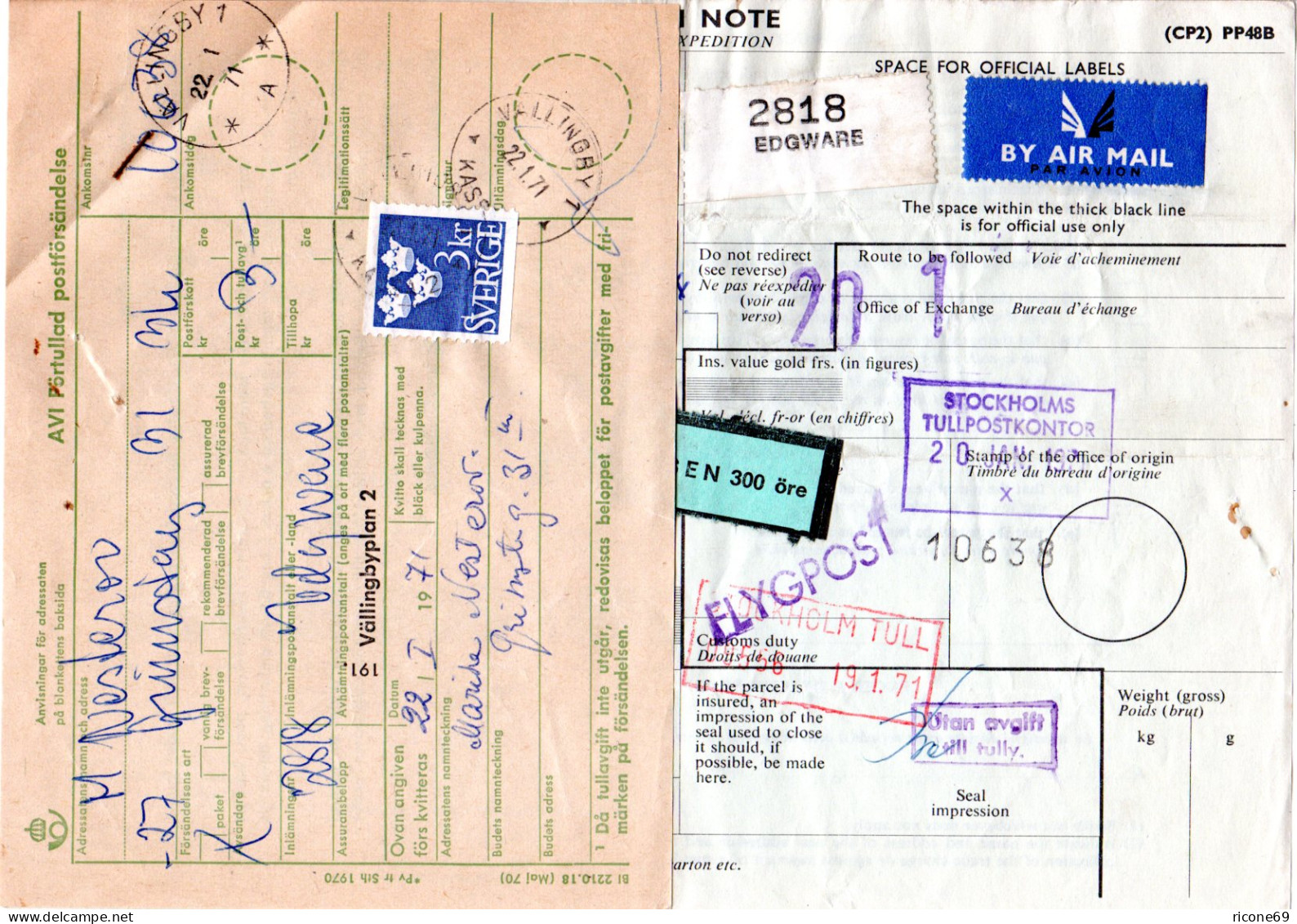 GB 1971, Luftpost Paketkarte V. EDGWARE M. Schweden Porto U. Postformular - Sonstige & Ohne Zuordnung