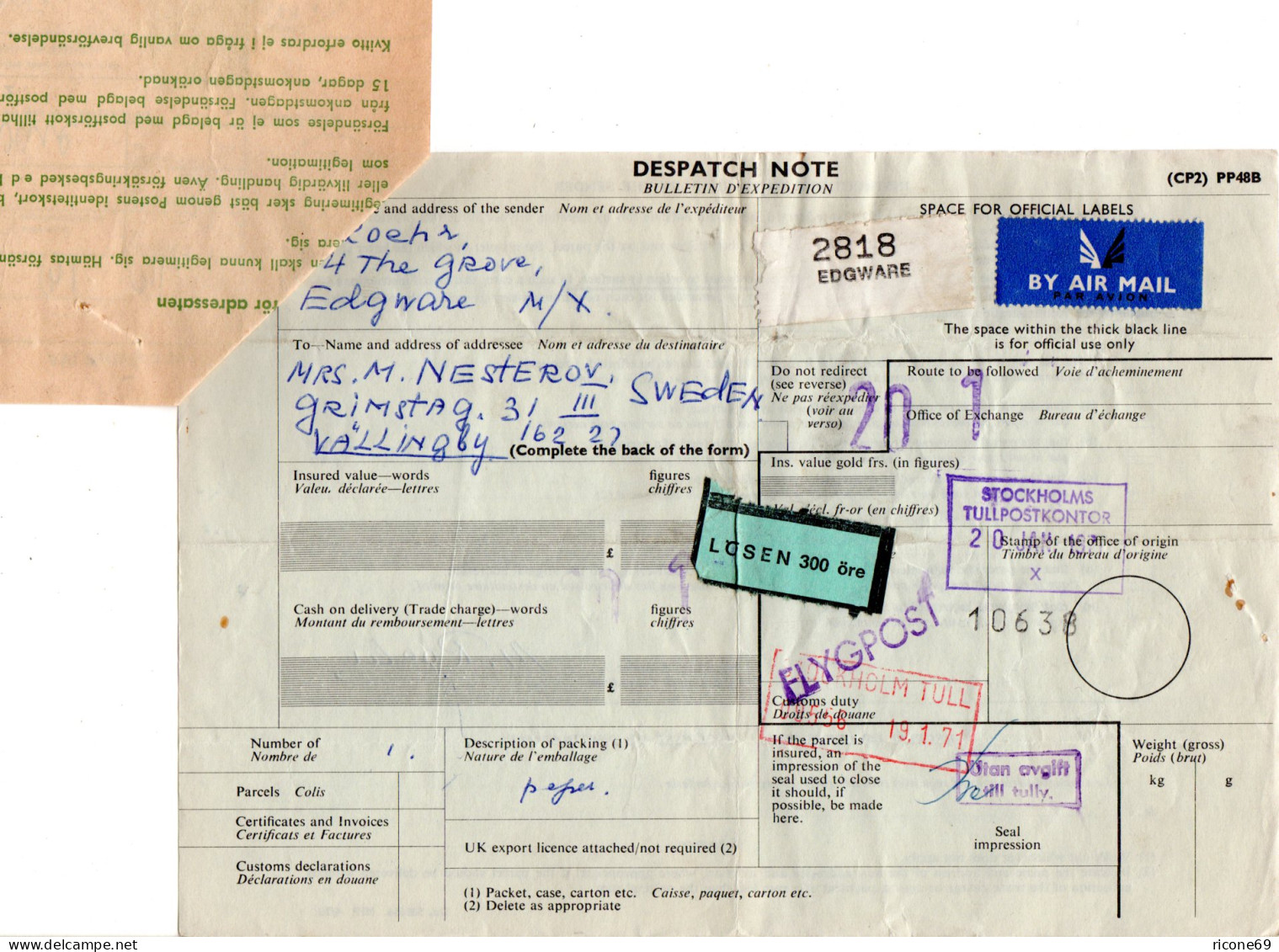 GB 1971, Luftpost Paketkarte V. EDGWARE M. Schweden Porto U. Postformular - Andere & Zonder Classificatie