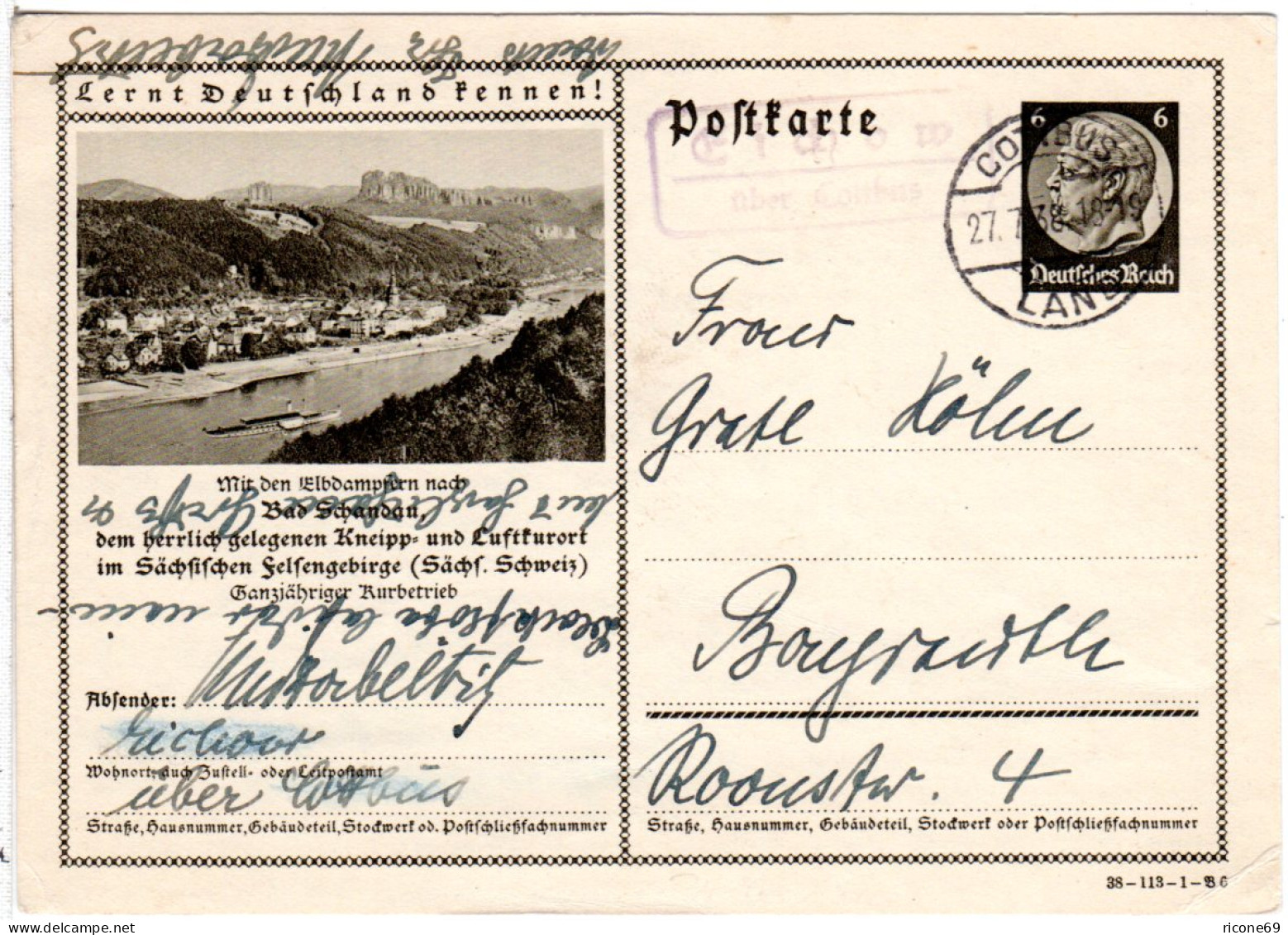 DR 1938, Landpost Stpl. EICHOW über Cottbus Auf 6 Pf. Bild-Ganzsache - Autres & Non Classés