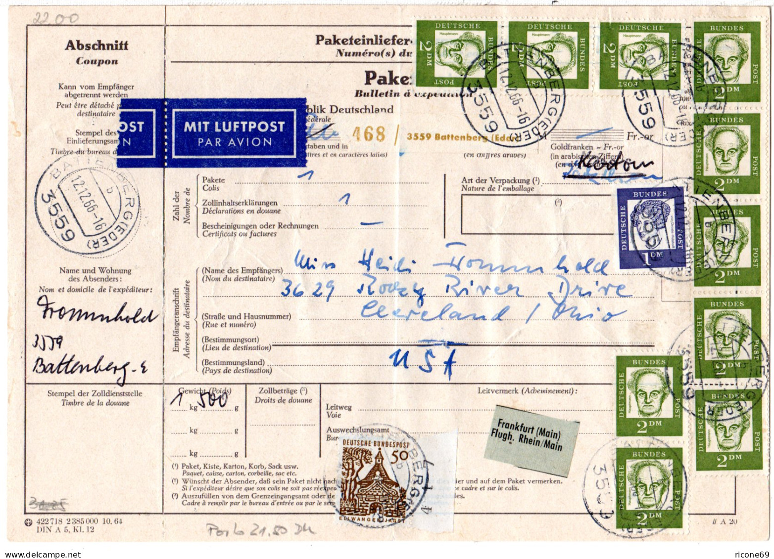 BRD 1966, Massenfrankatur 10x2+1 DM+50 Pf. Auf Luftpost Paketkarte V. Battenberg - Brieven En Documenten