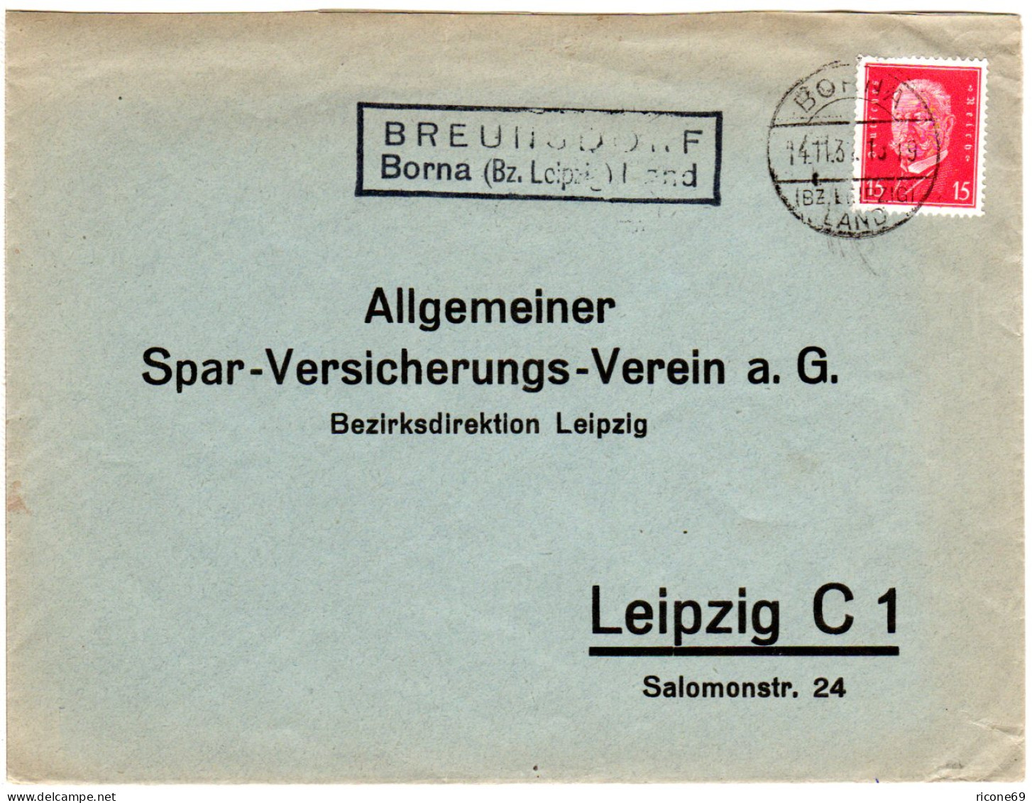 DR 1931, Landpost Stpl. BREUNSDORF Borna (Bz. Leipzig) Land Auf Brief M. 15 Pf. - Lettres & Documents