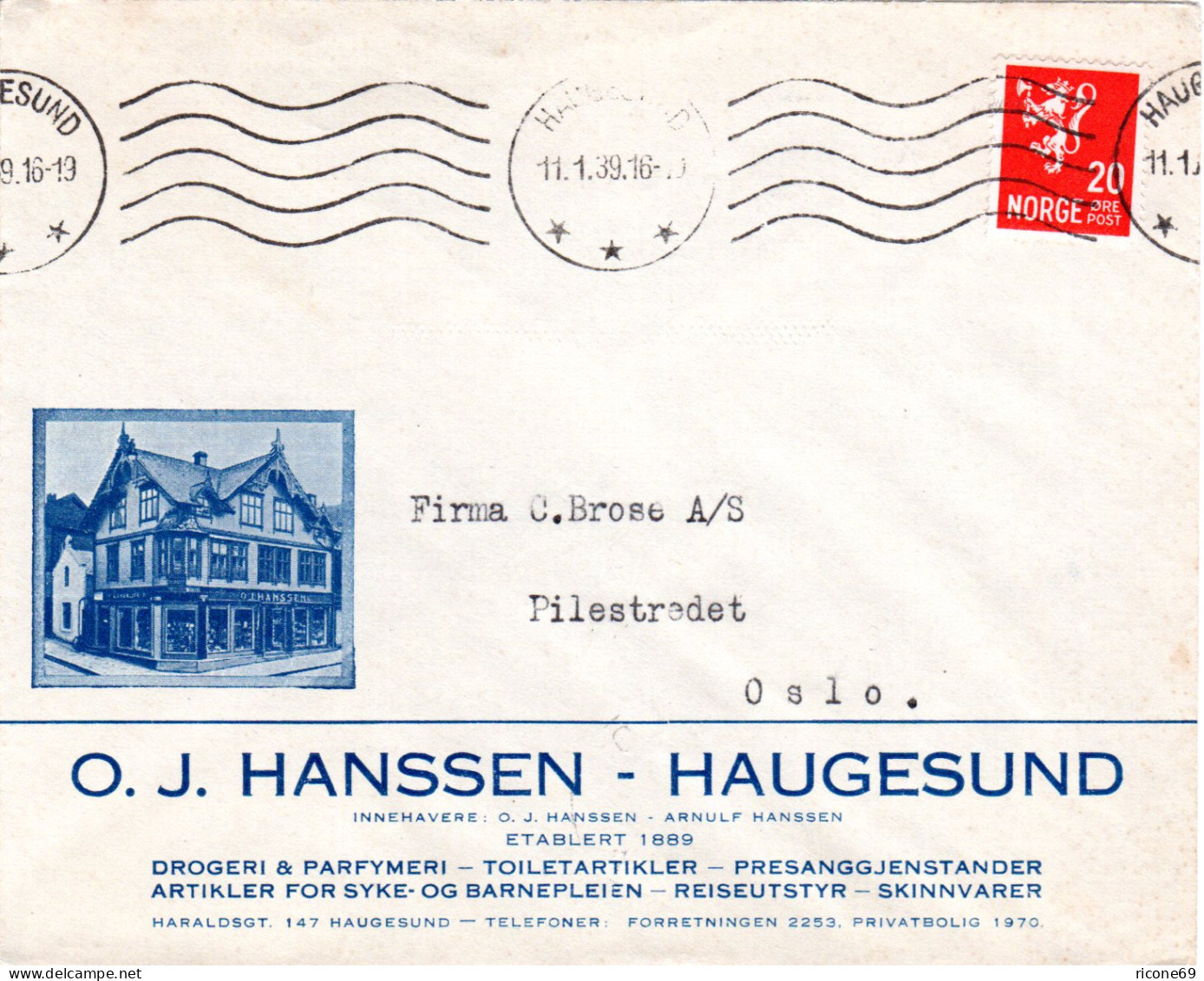 Norwegen 1939, 20 öre Auf Bilderbrief V. Haugesund M. O.J. Hansen Gebäude. - Covers & Documents