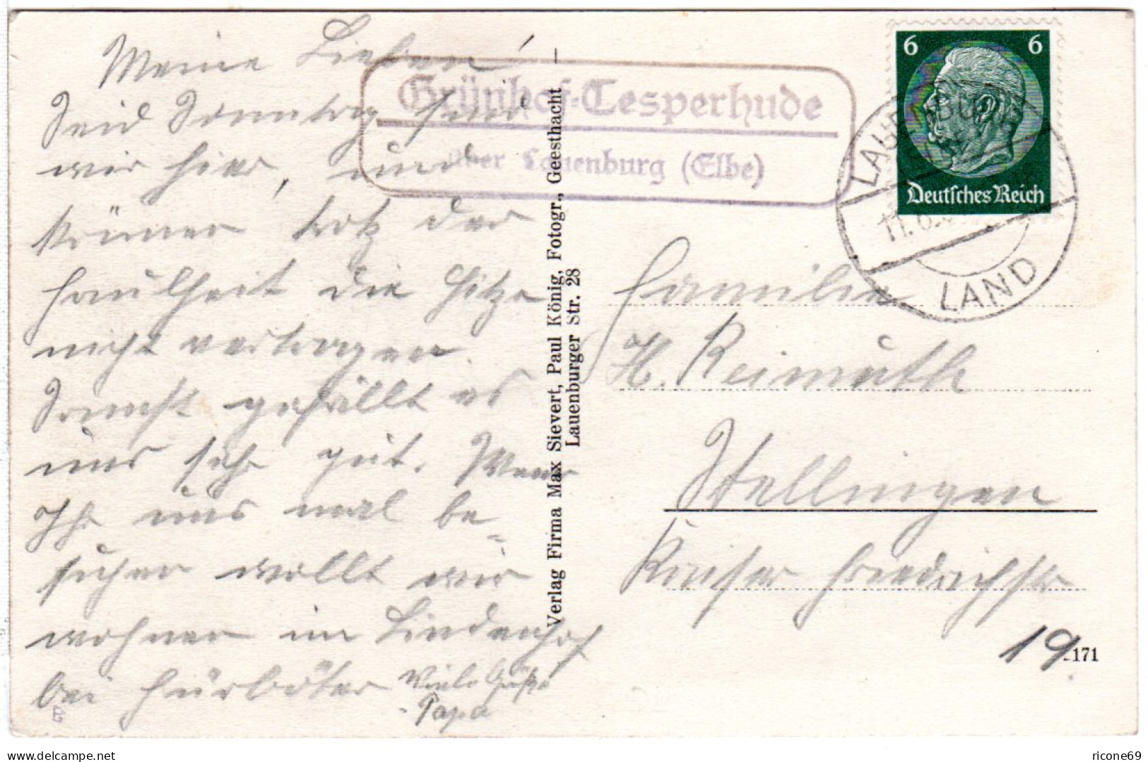 DR 1938, Landpost Stpl. GRÜNHOF-TESPERHUDE über Lauenburg Auf Sw-AK M. 6 Pf. - Sonstige & Ohne Zuordnung