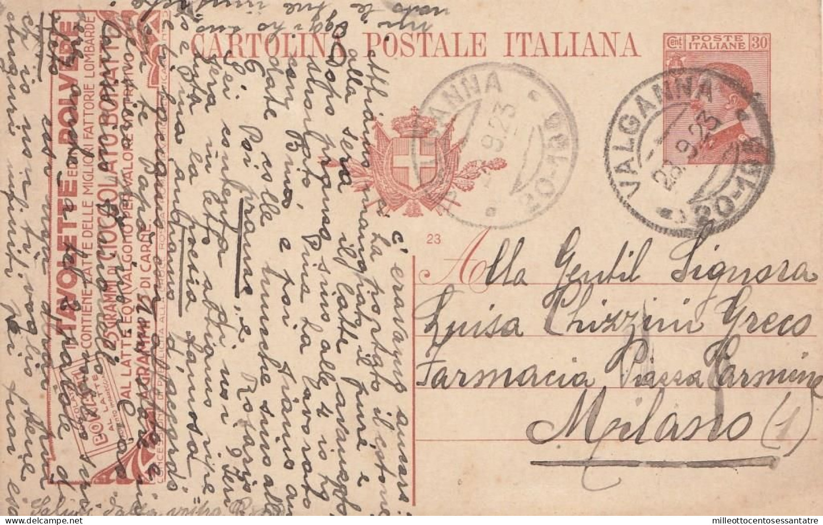 2215 - REGNO - Intero Postale Pubblicitario " CIOCCOLATO BONATTI " Da Cent.30 Arancio Del 1923 Da Valganna A Milano. - Publicidad