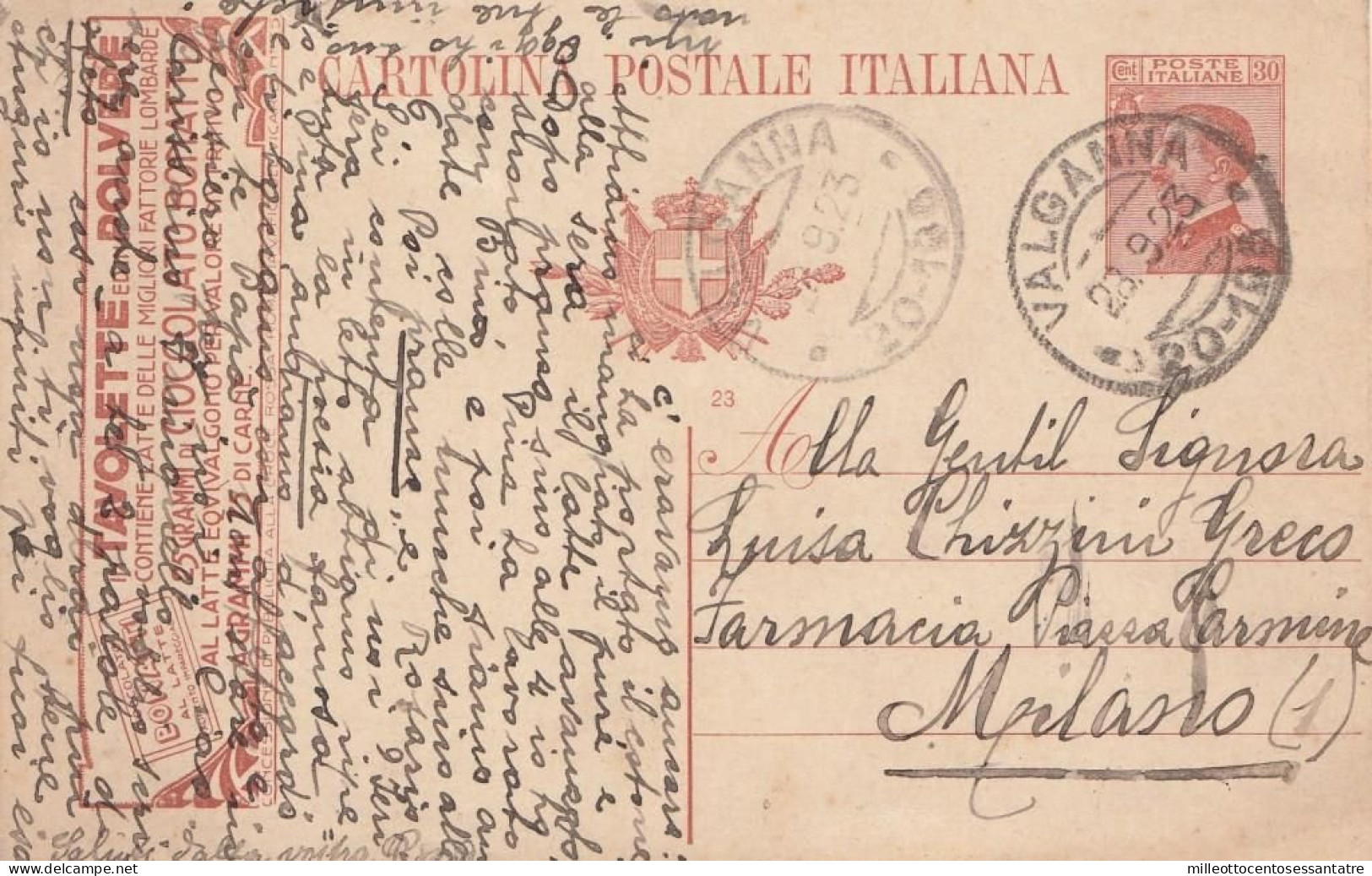 2215 - REGNO - Intero Postale Pubblicitario " CIOCCOLATO BONATTI " Da Cent.30 Arancio Del 1923 Da Valganna A Milano. - Pubblicitari