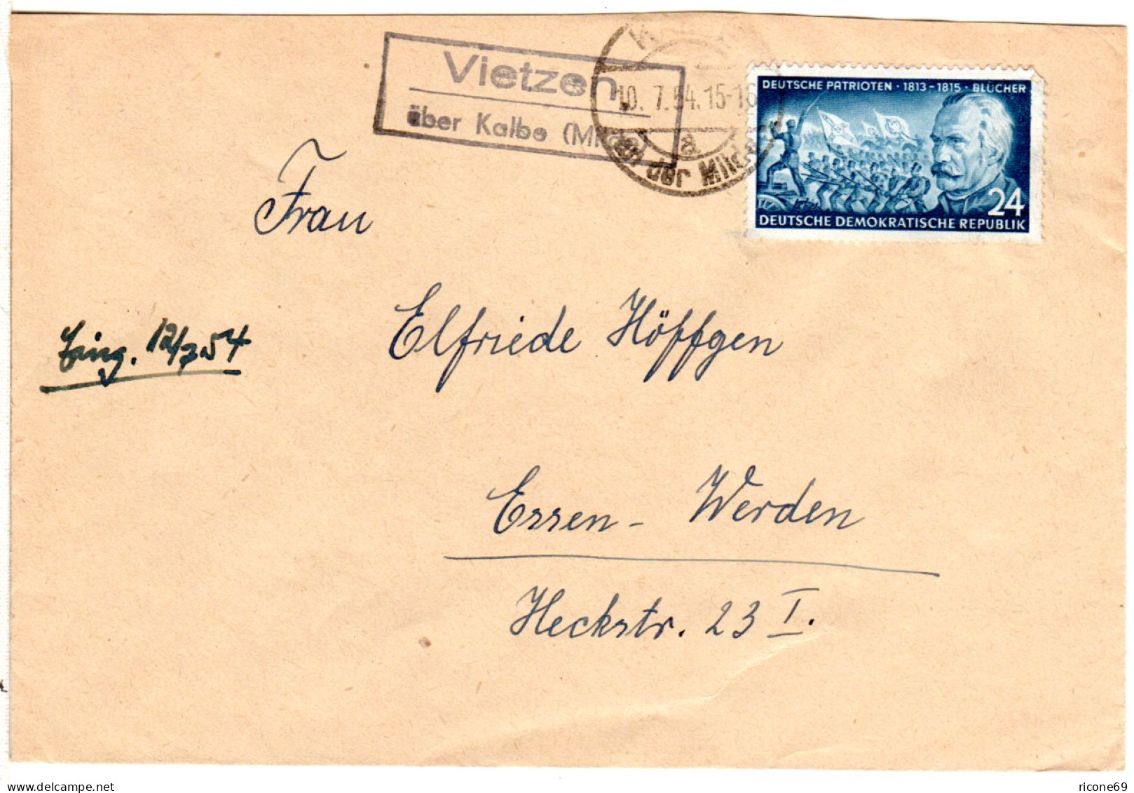 DDR 1954, Landpost Stpl. VIETZEN über Kalbe Auf Brief M. 24 Pf. - Briefe U. Dokumente