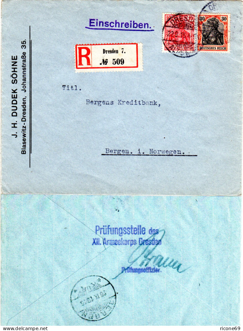 DR 1915, 10+30 Pf. Germania Auf Einschreiben Brief M. Dresden Zensur N. Norwegen - Storia Postale