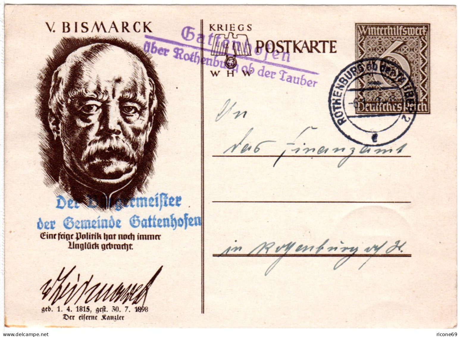 DR 1940, Landpoststempel GATTENHOFEN über Rothenburg Tauber Auf 6 Pf. Ganzsache - Briefe U. Dokumente