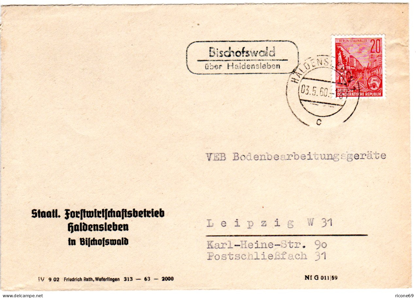 DDR 1960, Landpost Stpl. BISCHOFSWALD über Haldensleben Auf Brief M. 20 Pf. - Lettres & Documents