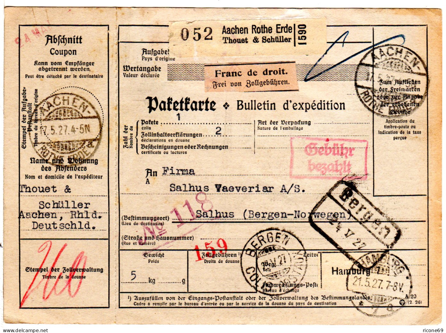 DR 1927, Roter R2 Gebühr Bezahlt V. Aachen Rothe Erde Auf Paketkarte N. Norwegen - Cartas & Documentos