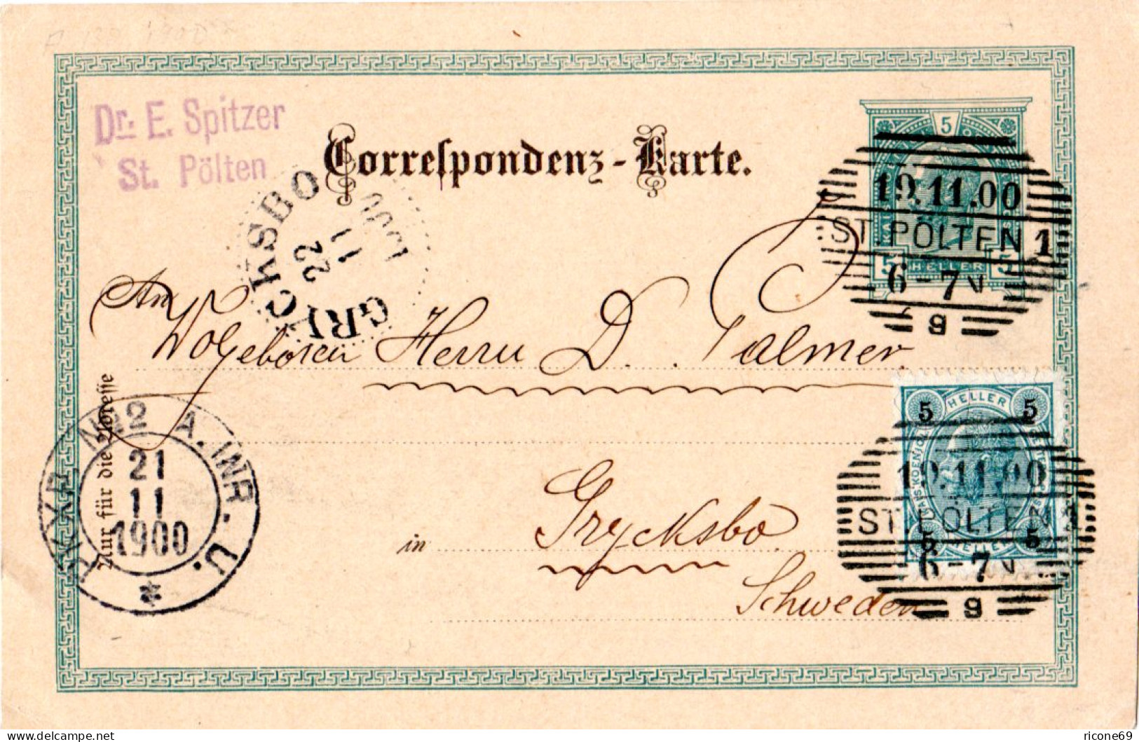 Österreich 1900, 5 H. Zusatzfr. Auf 5 H. Ganzsache V. St. Pölten N. Schweden - Lettres & Documents