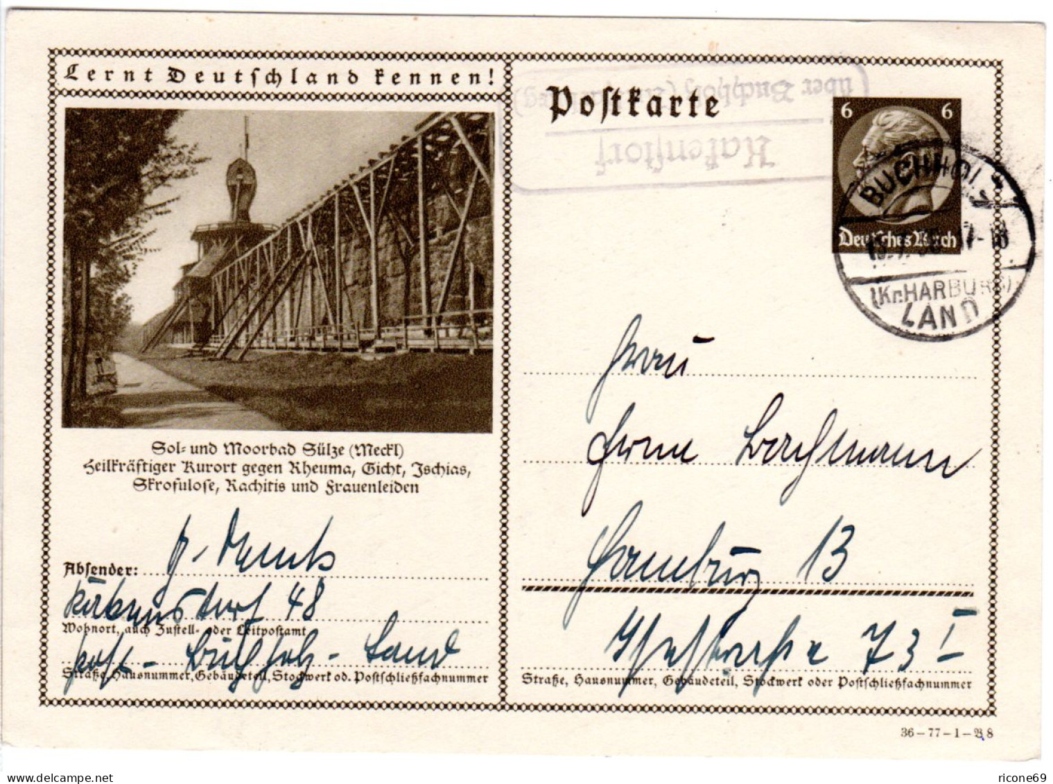 DR 1936, Landpost Stpl. KAKENSTORF über Buchholz Auf 6 Pf. Bildganzsache Sülze. - Briefe U. Dokumente