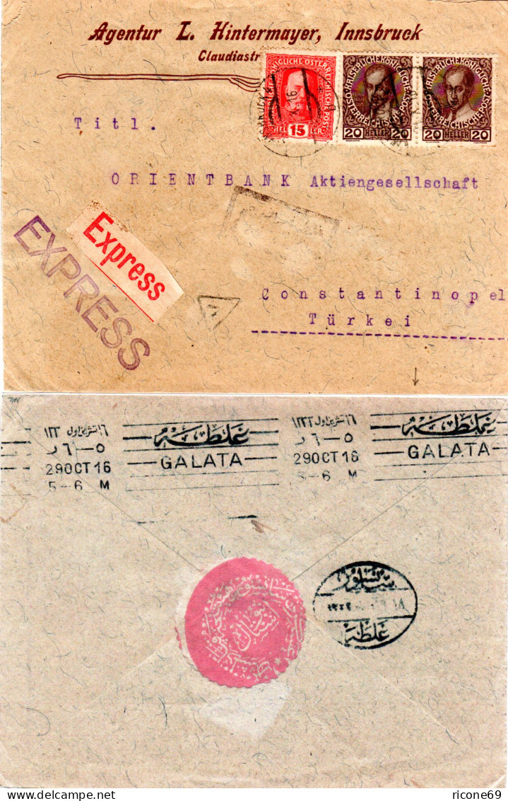 Österreich 1916, Paar 20+15 H. Auf Express Brief V. Innsbruck M. Türkei Zensur - Storia Postale