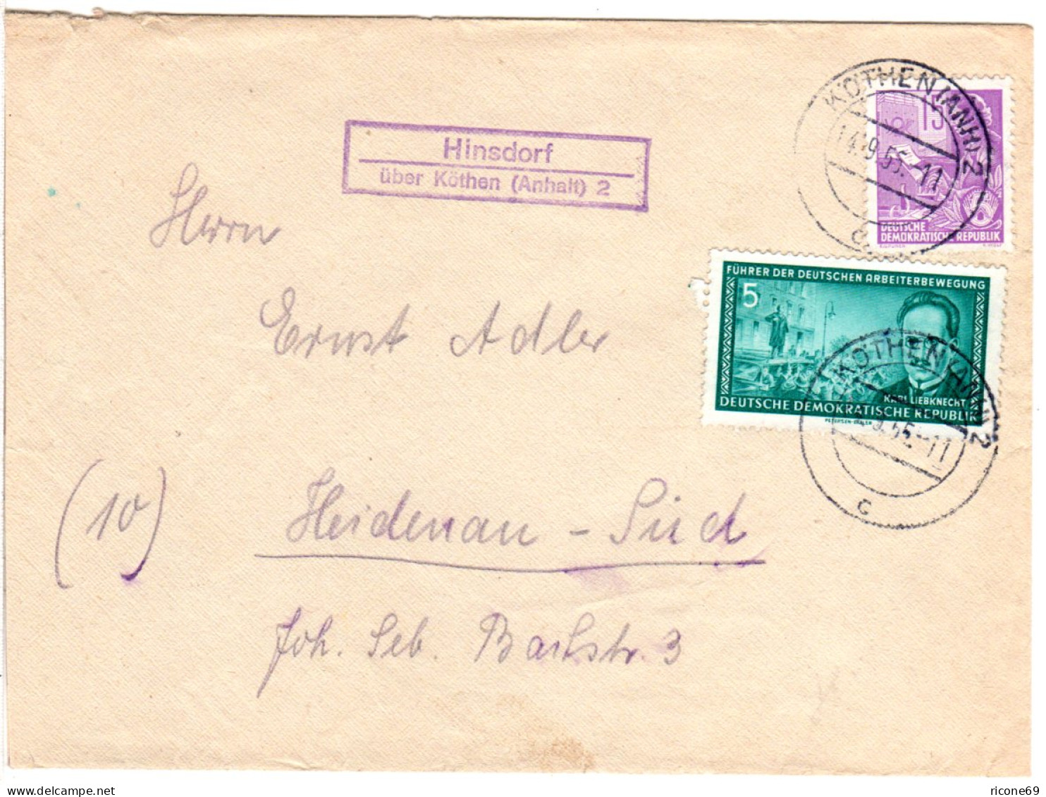 DDR 1955, Landpost Stpl. HINSDORF über Köthen Auf Brief M. 5+15 Pf.  - Covers & Documents