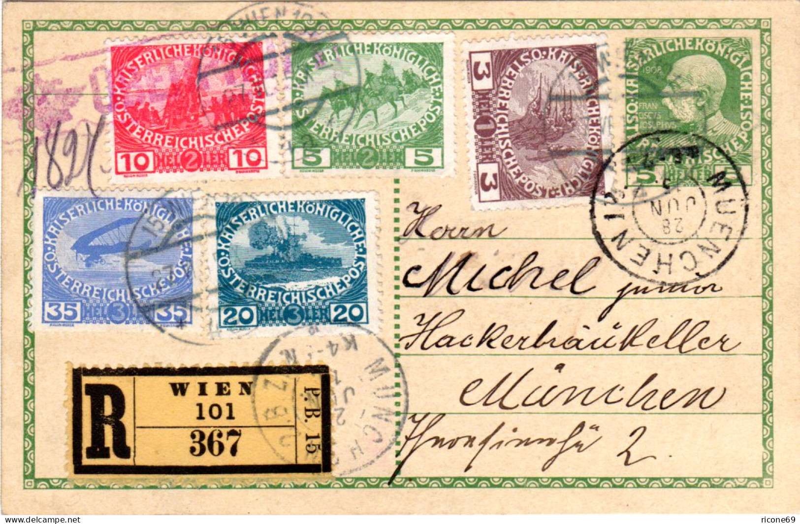 Österreich 1915, Witwen-/Waisenhilfe Kpl. Auf Reko Ganzsache V. Wien N. Bayern - Lettres & Documents