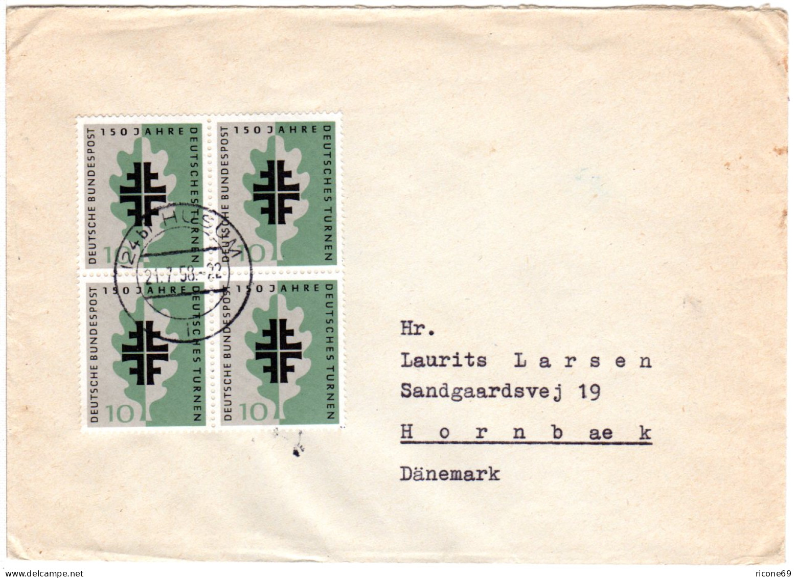 BRD 1958, MeF 4er-Block 10 Pf. Dt. Turnen Auf Brief V. HUSUM N. Dänemark - Storia Postale